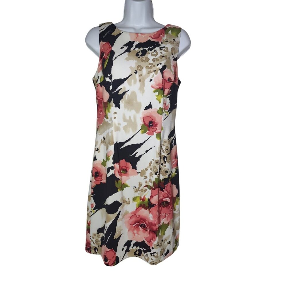 Connected Apparel Floral/Leopard Pink Black White Sleeveless Sheath Dress 8